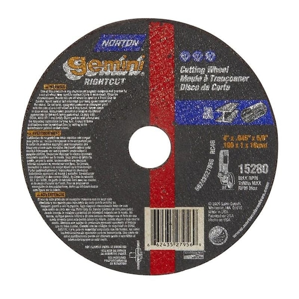 Norton Co Right Angle Cut-Off Blade Type 1 Metal-Gemini Aluminum Oxide, 4 x .040 x 5/8, Max RPM: 15280 662435-27956 - main